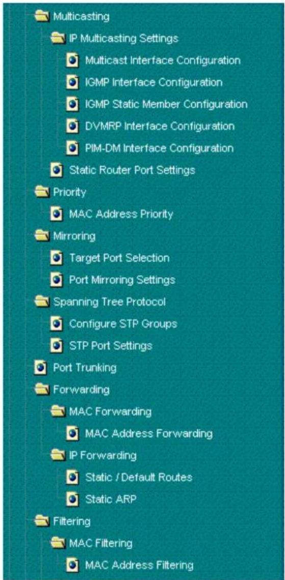 Multicasting IP Multicasting Settings Multicast Interface Configuration IGMP Interface Configuration IGMP Static Member Configuration DVMRP Interface Configuration PIM-DM Interface Configuration Static Router Port Settings Priority MAC Address Priority Mirroring Target Port Selection Port Mirroring Settings Spanning Tree Protocol Configure STP Groups STP Port Settings Port Trunking Forwarding MAC Forwarding MAC Address Forwarding IP Forwarding Static / Default Routes Static ARP Filtering MAC Filtering MAC Address Filtering