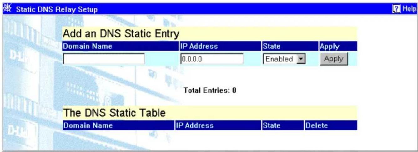 Static DNS Relay Setup Add an DNS Static Entry Domain Name IP Address State Apply 0.0.0.0 Enabled Apply Total Entries: 0 The DNS Static Table Domain Name IP Address State Delete