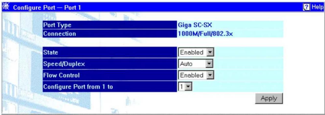 Configure Port — Port 1 Port Type Giga SC-SX Connection 1000M/Full/802.3x State Enabled Speed/Duplex Auto Flow Control Enabled Configure Port from 1 to 1 Apply