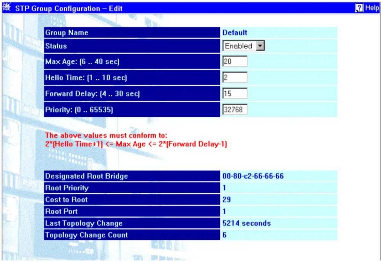 STP Group Configuration - Edit Group Name Default Status Enabled Max Age: [6 .. 40 sec] 20 Hello Time: [1 .. 10 sec] 2 Forward Delay: [4 .. 30 sec] 15 Priority: [0 .. 65535] 32768 The above values must conform to: 2*[Hello Time+1] <= Max Age <= 2*[Forward Delay-1] Designated Root Bridge 00-80-c2-66-66-66 Root Priority 1 Cost to Root 29 Root Port 1 Last Topology Change 5214 seconds Topology Change Count 6