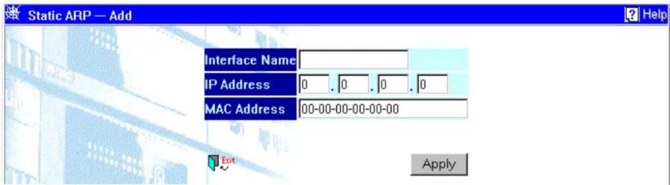Static ARP — Add Interface Name IP Address 0 . 0 . 0 . 0 MAC Address 00-00-00-00-00-00 Exit Apply