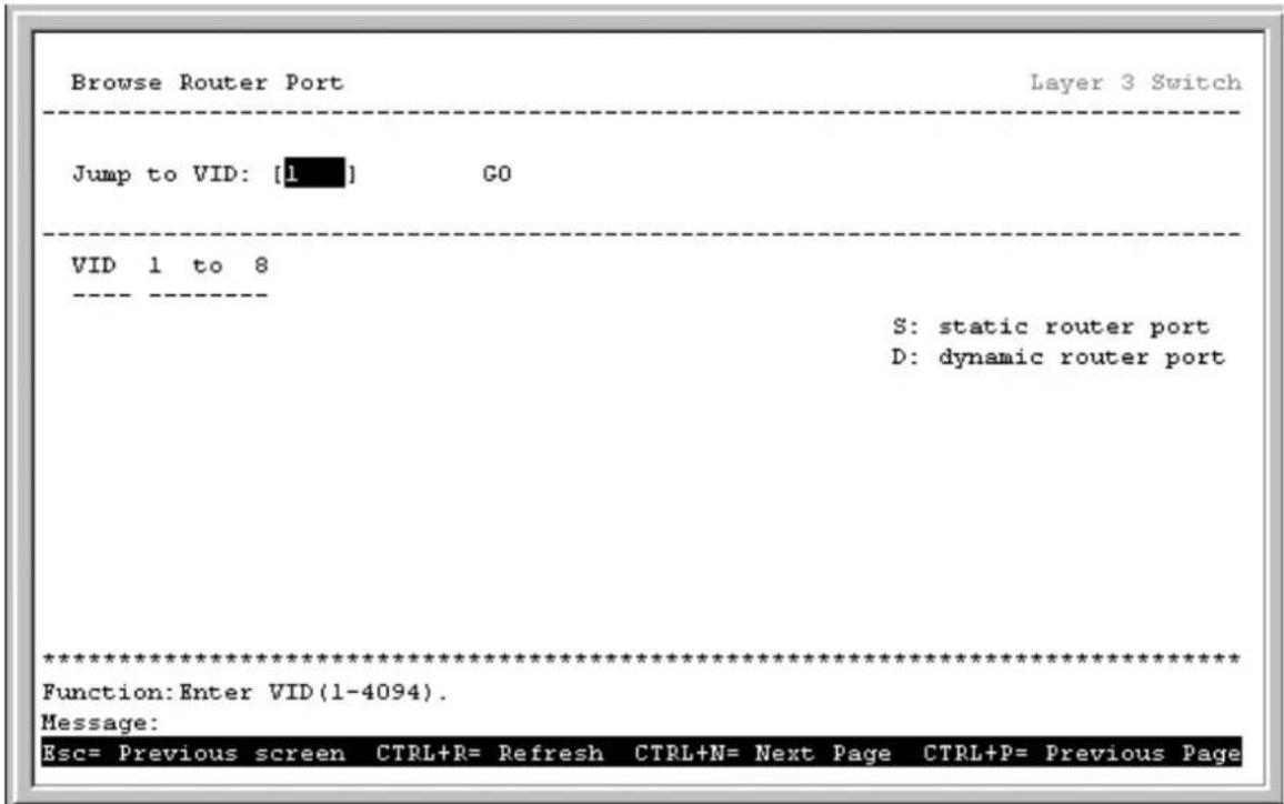 Browse Router Port Layer 3 Switch Jump to VID: [1] GO VID 1 to 8 S: static router port D: dynamic router port ************************** Function:Enter VID(1-4094). Message: Esc= Previous screen CTRL+R= Refresh CTRL+N= Next Page CTRL+P= Previous Page