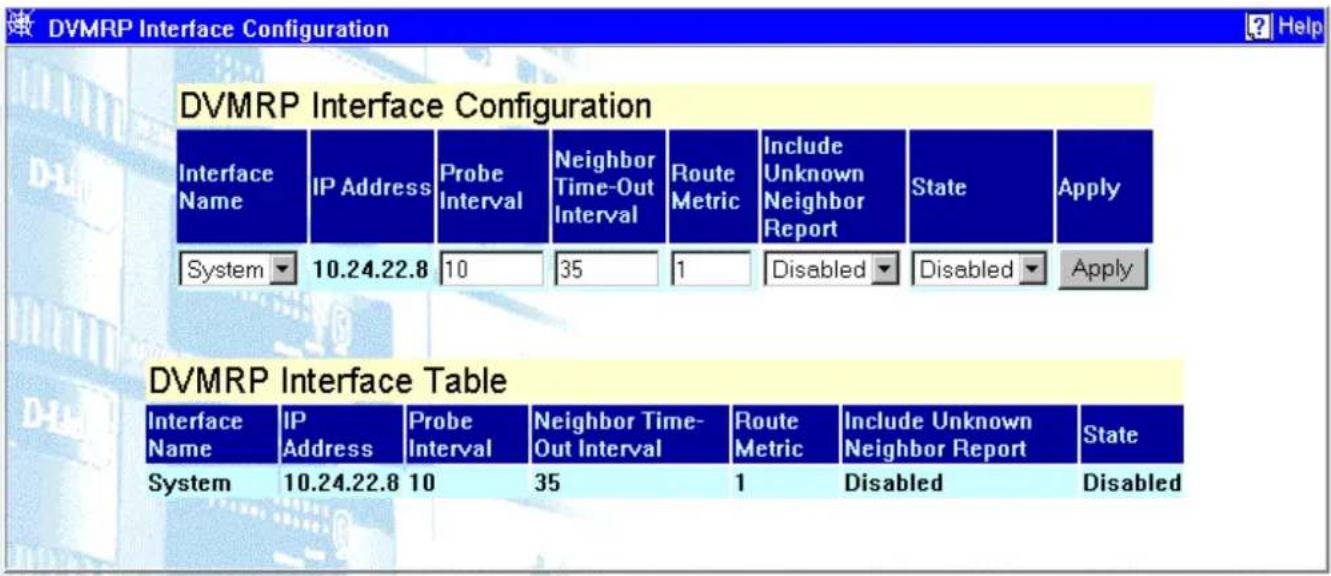 DVMRP Interface Configuration DVMRP Interface Configuration Interface Name IP Address Probe Interval Neighbor Time-Out Interval Route Metric.Include Unknown Neighbor Report(State Apply System 10.24.22.8 10 35 1 Disabled Disabled Apply DVMRP Interface Table Interface Name IP Address Probe Interval Neighbor Time-Out Interval Route Metric.Include Unknown Neighbor Report(State System 10.24.22.8 10 35 1 Disabled Disabled