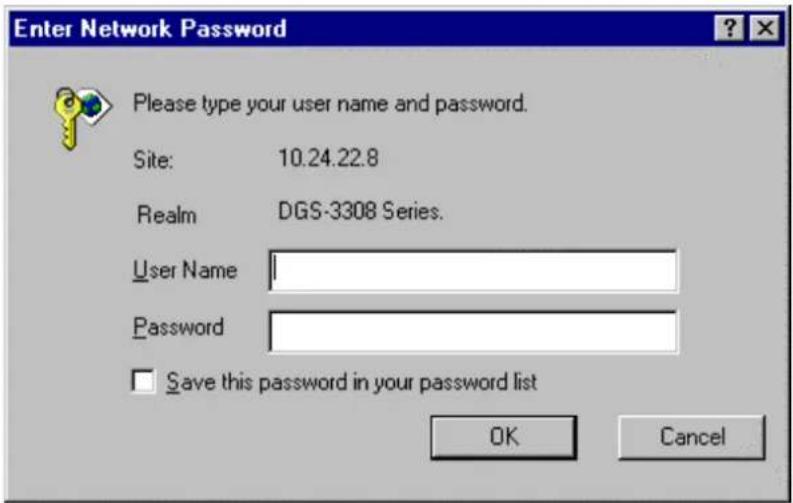 Enter Network Password Please type your user name and password. Site: 10.24.22.8 Realm DGS-3308 Series. User Name Password Save this password in your password list OK Cancel
