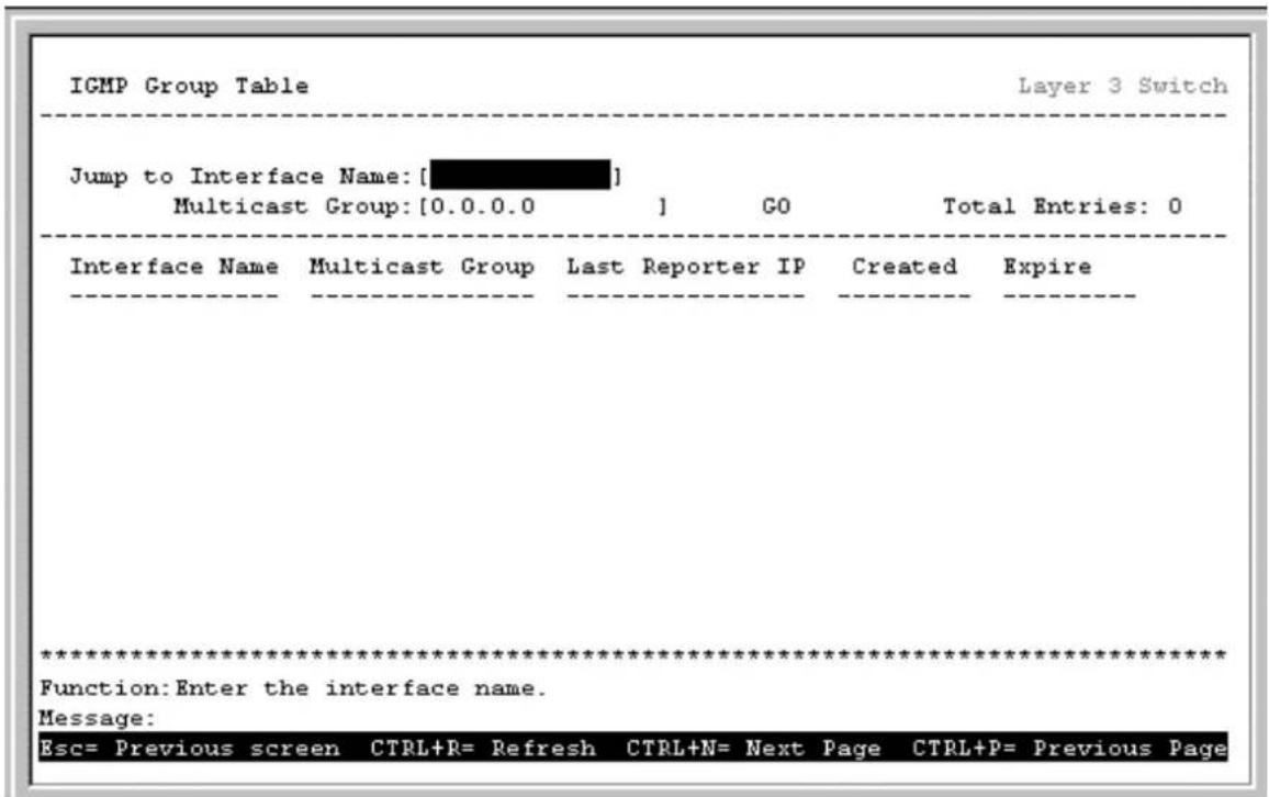 IGMP Group Table Layer 3 Switch Jump to Interface Name: [ ] Multicast Group: [0.0.0.0] ] GO Total Entries: 0 Interface Name Multicast Group Last Reporter IP Created Expire ************************** Function: Enter the interface name. Message: Esc= Previous screen CTRL+R= Refresh CTRL+N= Next Page CTRL+P= Previous Page