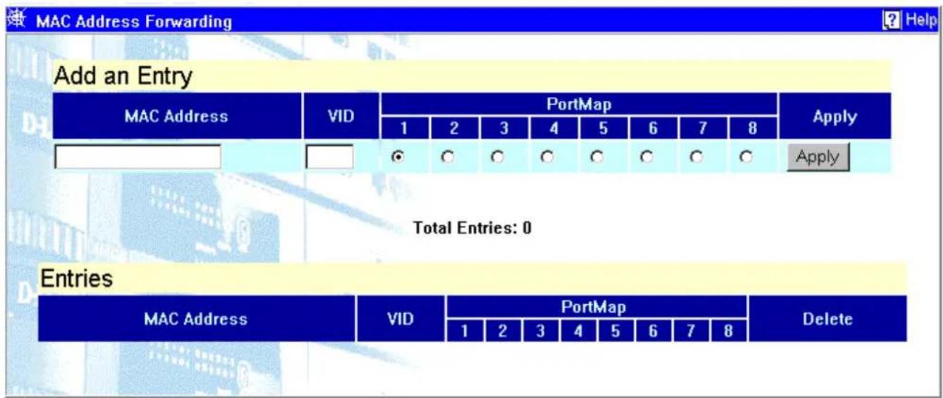MAC Address Forwarding Add an Entry MAC Address VID PortMap 1 2 3 4 5 6 7 8 Apply Apply Total Entries: 0 Entries MAC Address VID PortMap 1 2 3 4 5 6 7 8 Delete