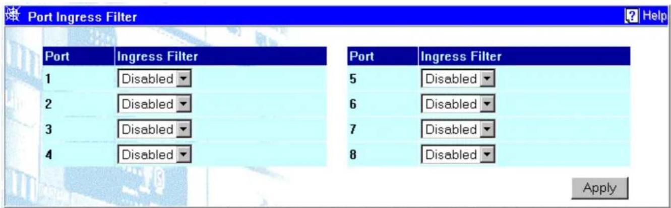 Port Ingress Filter Port Ingress Filter 1 Disabled 2 Disabled 3 Disabled 4 Disabled Port Ingress Filter 5 Disabled 6 Disabled 7 Disabled 8 Disabled Apply