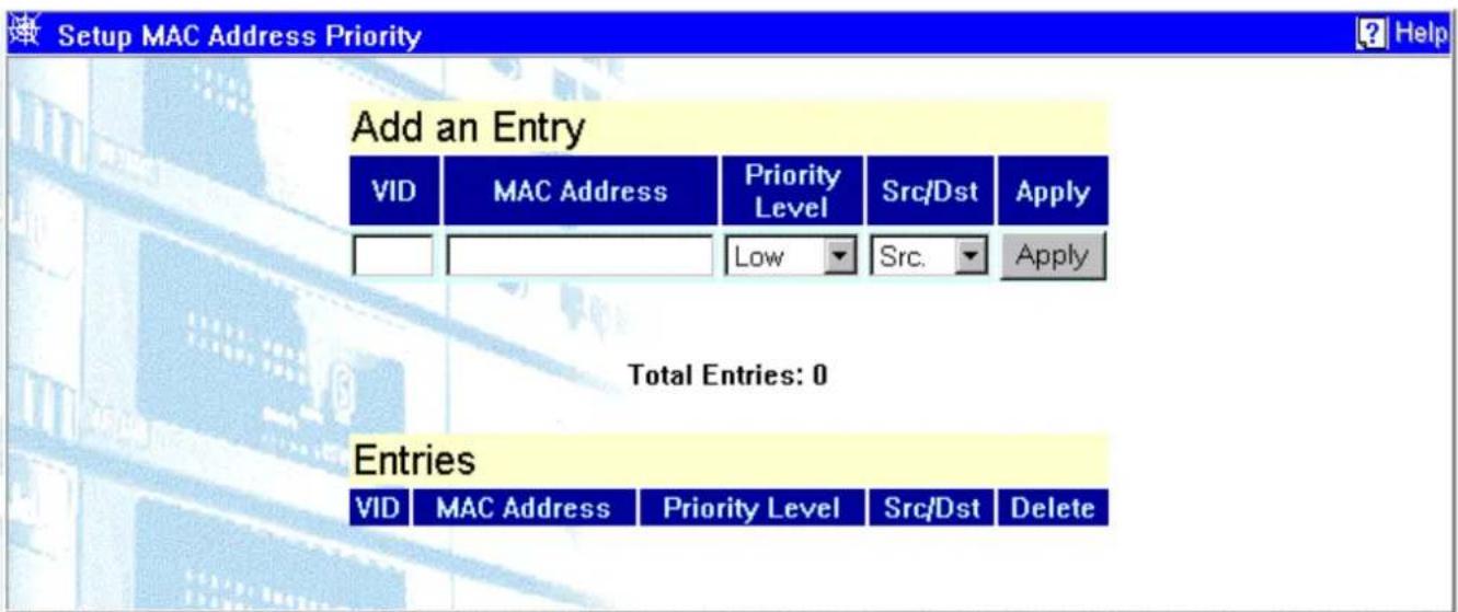 Setup MAC Address Priority Add an Entry VID MAC Address Priority Level Src/Dst Apply Low Src. Apply Total Entries: 0 Entries VID MAC Address Priority Level Src/Dst Delete