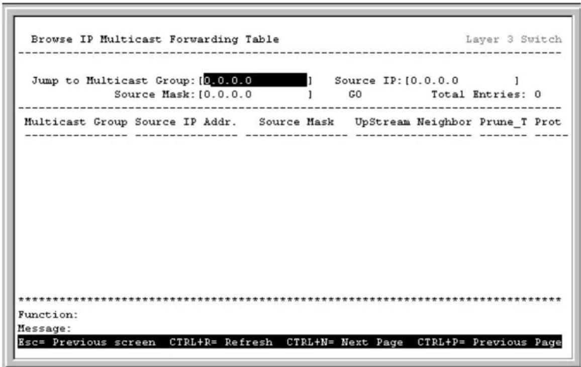 Browse IP Multicast Forwarding Table Layer 3 Switch Jump to Multicast Group: [0.0.0.0] Source IP: [0.0.0.0] Source Mask: [0.0.0.0] GO Total Entries: 0 Multicast Group Source IP Addr. Source Mask UpStream Neighbor Prune_T Prot ************************** Function: Message: Esc= Previous screen CTRL+R= Refresh CTRL+N= Next Page CTRL+P= Previous Page