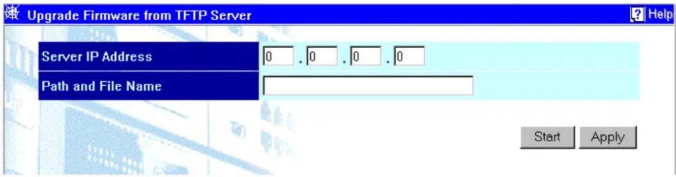 Upgrade Firmware from TFTP Server Server IP Address 0 . 0 . 0 . 0 Path and File Name Start Apply