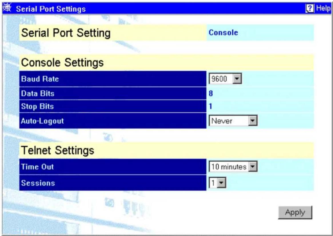 Serial Port Settings Serial Port Setting Console Console Settings Baud Rate 9600 Data Bits 8 Stop Bits 1 Auto-Logout Never Telnet Settings Time Out 10 minutes Sessions 1 Apply