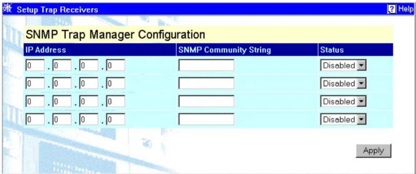Setup Trap Receivers SNMP Trap Manager Configuration IP Address SNMP Community String Status 0 . 0 . 0 . 0 Disabled 0 . 0 . 0 . 0 Disabled 0 . 0 . 0 . 0 Disabled 0 . 0 . 0 . 0 Disabled Apply