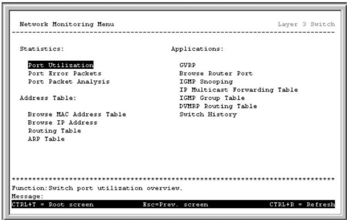 Network Monitoring Menu Layer 3 Switch Statistics: Applications: Port Utilization Port Error Packets Port Packet Analysis GVRP Browse Router Port IGMP Snooping IP Multicast Forwarding Table Address Table: IGMP Group Table DVMRP Routing Table Browse MAC Address Table Switch History Browse IP Address Routing Table ARP Table ************************** Function:Switch port utilization overview. Message: CTRL+T = Root screen Esc=Prev. screen CTRL+R = Refresh