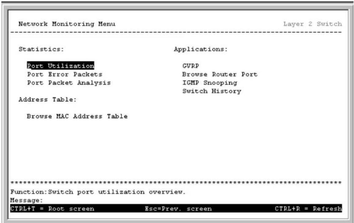 Network Monitoring Menu Layer 2 Switch Statistics: Applications: Port Utilization GVRP Port Error Packets Browse Router Port Port Packet Analysis IGMP Snooping Switch History Address Table: Browse MAC Address Table ************************** Function:Switch port utilization overview. Message: CTRL+T = Root screen Esc=Prev. screen CTRL+R = Refresh