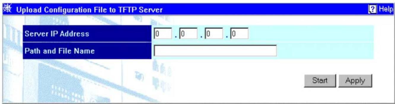 Upload Configuration File to TFTP Server Server IP Address 0 . 0 . 0 . 0 Path and File Name Start Apply