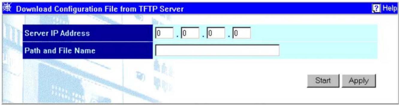 Download Configuration File from TFTP Server Server IP Address 0 . 0 . 0 . 0 Path and File Name Start Apply