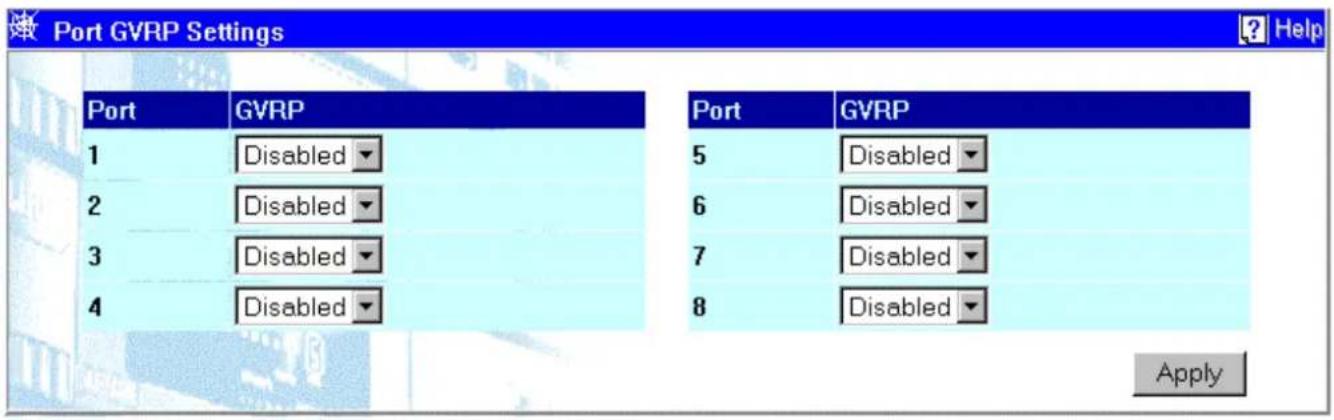 Port GVRP Settings Port GVRP 1 Disabled 2 Disabled 3 Disabled 4 Disabled Port GVRP 5 Disabled 6 Disabled 7 Disabled 8 Disabled Apply