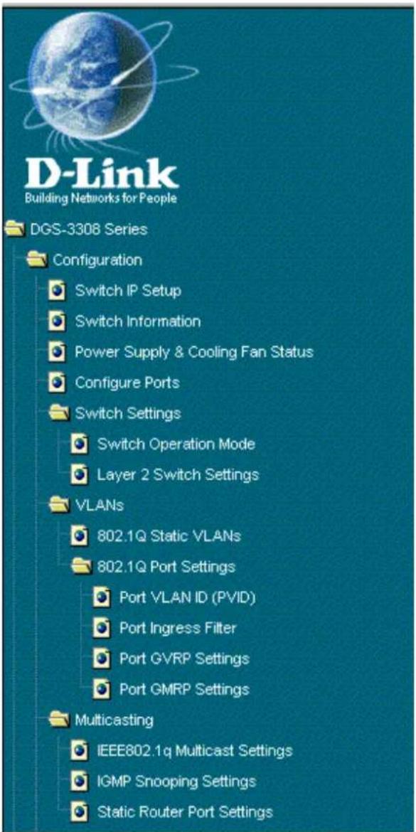 D-Link Building Networks for People DGS-3308 Series Configuration Switch IP Setup Switch Information Power Supply & Cooling Fan Status Configure Ports Switch Settings Switch Operation Mode Layer 2 Switch Settings VLANs 802.1Q Static VLANs 802.1Q Port Settings Port VLAN ID (PVID) Port Ingress Filter Port GVRP Settings Port GMRP Settings Multicasting IEEE802.1q Multicast Settings IGMP Snooping Settings Static Router Port Settings