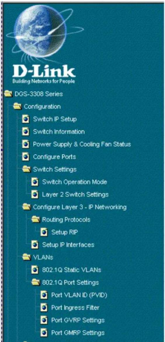 D-Link Building Networks for People DGS-3308 Series Configuration Switch IP Setup Switch Information Power Supply & Cooling Fan Status Configure Ports Switch Settings Switch Operation Mode Layer 2 Switch Settings Configure Layer 3 - IP Networking Routing Protocols Setup RIP Setup IP Interfaces VLANs 802.1Q Static VLANs 802.1Q Port Settings Port VLAN ID (PVID) Port Ingress Filter Port GVRP Settings Port GMRP Settings