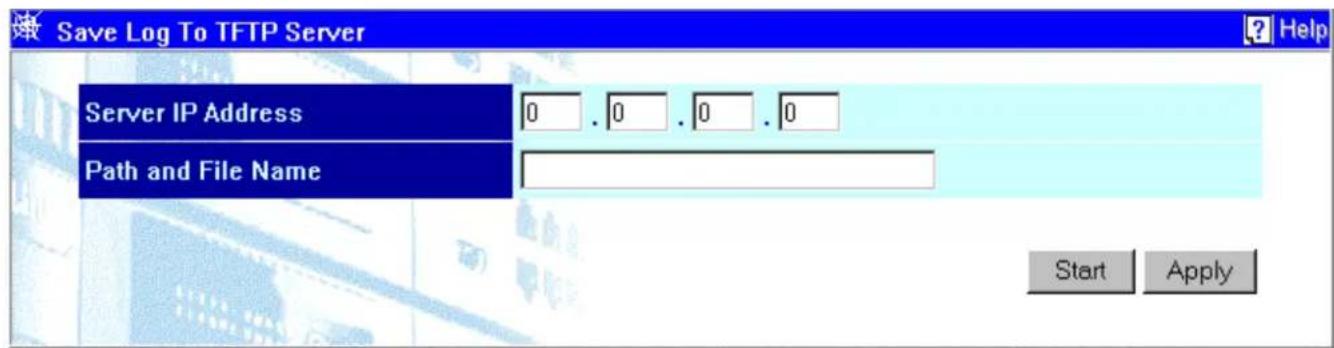 Save Log To TFTP Server Server IP Address 0 . 0 . 0 . 0 Path and File Name Start Apply