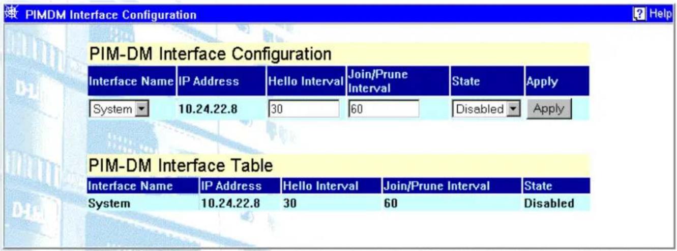 PIMDM Interface Configuration PIM-DM Interface Configuration Interface Name IP Address Hello Interval Join/Prune Intervalsu State Apply System 10.24.22.8 30 60 Disabled Apply PIM-DM Interface Table Interface Name IP Address Hello Interval Join/Prune Interval State System 10.24.22.8 30 60 Disabled