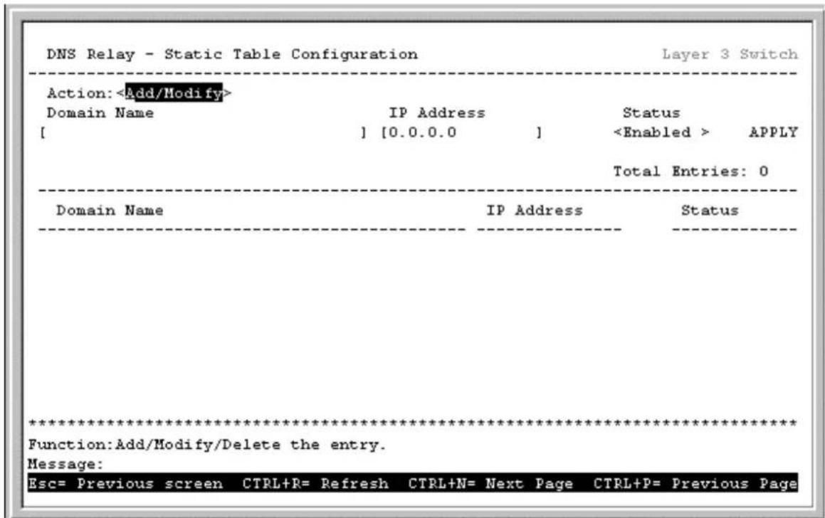 DNS Relay - Static Table Configuration Layer 3 Switch Action: Add/Modify> Domain Name IP Address Status [ ] [0.0.0.0 ] APPLY Total Entries: 0 Domain Name IP Address Status ********************************************************************** Function:Add/Modify/Delete the entry. Message: Esc= Previous screen CTRL+R= Refresh CTRL+N= Next Page CTRL+P= Previous Page