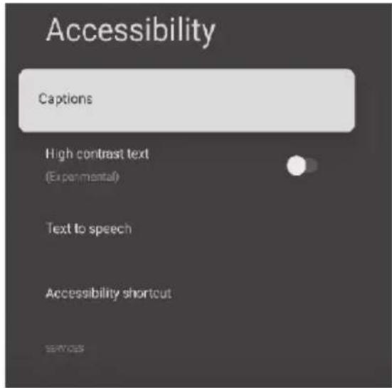 Accessibility Captions High contrast text (Experimental) Text to speech Accessibility shortcut SERVICES