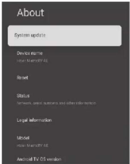 About System update Device name Hue! MarnTV AE Reset Status Network, serial numbers and other information Legal information Model Hue! MarnTV AE Android TV OS version