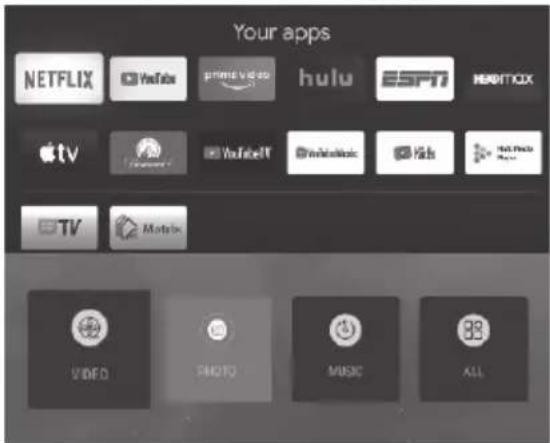 Your apps NETFLIX YouTube primed video hulu ESPN HESHTOX Apple TV YouTubeTV YouTubeMusic Kids Netflix DTV Motorola VIDEO PHOTO MUSIC ALL