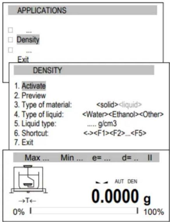 APPLICATIONS ... Density Exit DENSITY 1. Activate 2. Preview 3. Type of material: 4. Type of liquid: 5. Liquid type: ..... g/cm3 6. Shortcut: <->... 7. Exit Max ... Min ... e= ... d= .. II →T← AUT DEN 0% 1 100%