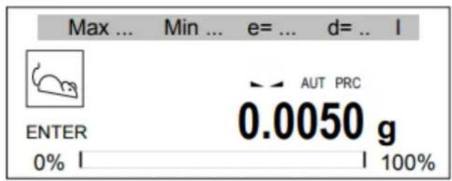 Max ... Min ... e= ... d= .. l ENTER AUT PRC 0.0050 g 0% l 100%