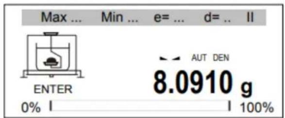 Max ... Min ... e= ... d= .. ll ENTER AUT DEN 8.0910 g 0% | | 100%