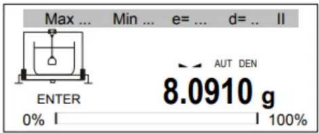 Max ... Min ... e= ... d= .. II ENTER 0% I AUT DEN 8.0910 g I 100%