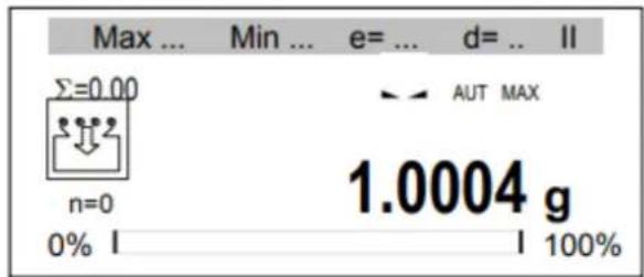Max ... Min ... e= ... d= .. II Σ=0.00 n=0 0% I AUT MAX 1.0004 g I 100%