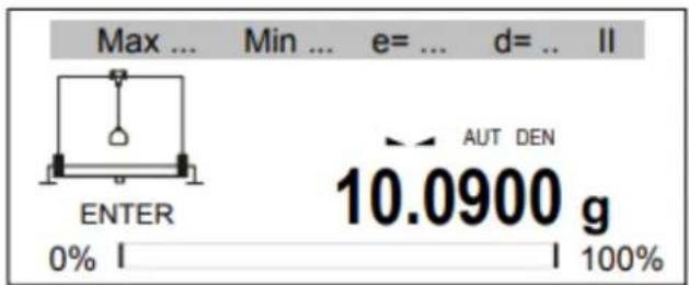 Max ... Min ... e= ... d= .. II ENTER 0% I AUT DEN 10.0900 g I 100%