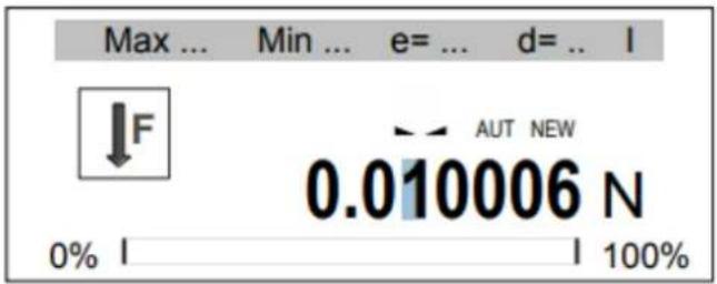 Max ... Min ... e= ... d= .. I ↓F AUT NEW 0.010006 N 0% I 100%
