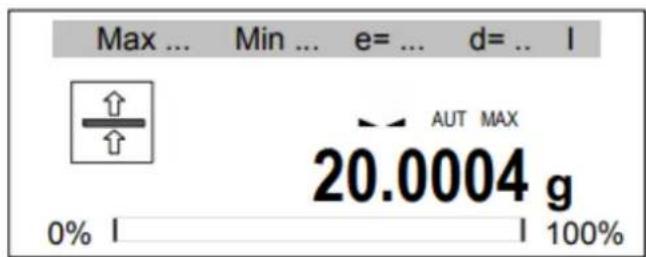 Max ... Min ... e= ... d= .. l ↑ AUT MAX 20.0004 g 0% l 100%