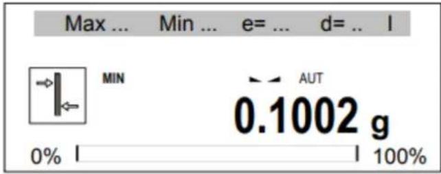 Max ... Min ... e= ... d= .. I MIN AUT 0.1002 g 0% I | 100%