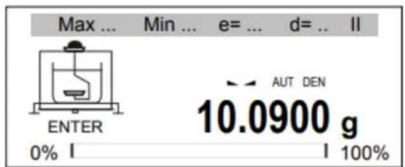 Max ... Min ... e= ... d= .. II ENTER 0% I AUT DEN 10.0900 g I 100%