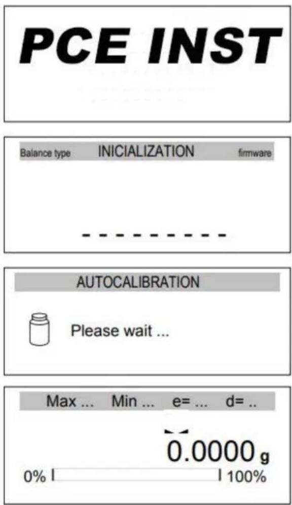 PCE INST Balance type INICIALIZATION firmware AUTOCALIBRATION Please wait ... Max ... Min ... e= ... d= .. 0.0000 g 0% | 100%