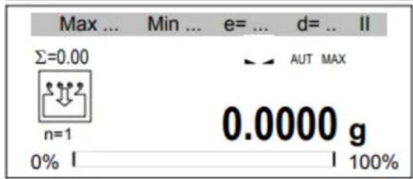 Max ... Min ... e= ... d= .. II Σ=0.00 AUT MAX n=1 0.0000 g 0% I 100%