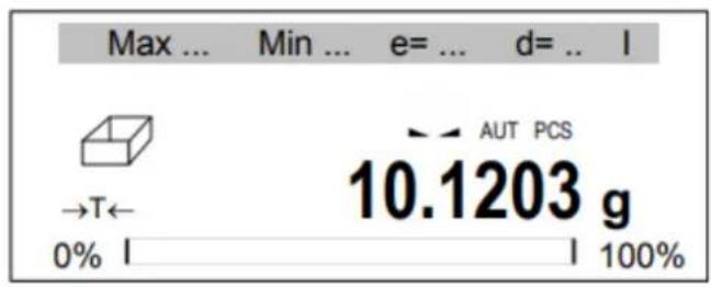 Max ... Min ... e= ... d= .. l →T← AUT PCS 0% l 10.1203 g 100%