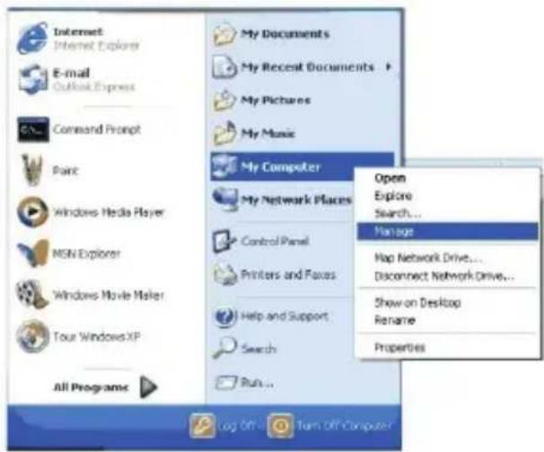 Internet Internet Explorer E-mail Outlook Express Command Prompt Paint Windows Media Player MSN Explorer Windows Movie Maker Tour Windows XP All Programs My Documents My Recent Documents My Pictures My Music My Computer My Network Places Control Panel Printers and Foxes Help and Support Search Run... Open Explore Search... Manage Map Network Drive... Disconnect Network Drive... Show on Desktop Rename Properties Log On Turn Off Computer