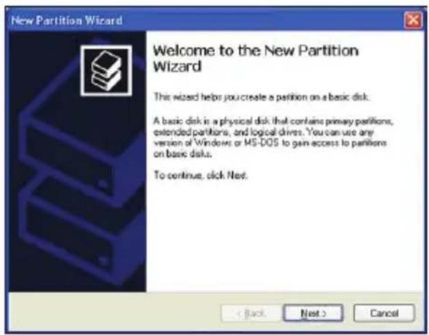 New Partition Wizard Welcome to the New Partition Wizard This wizard helps you create a partition on a basic disk. A basic disk is a physical disk that contains primary partitions, extended partitions, and logical drives. You can use any version of Windows or MS-DOS to gain access to partitions on basic disks. To continue, click Next.