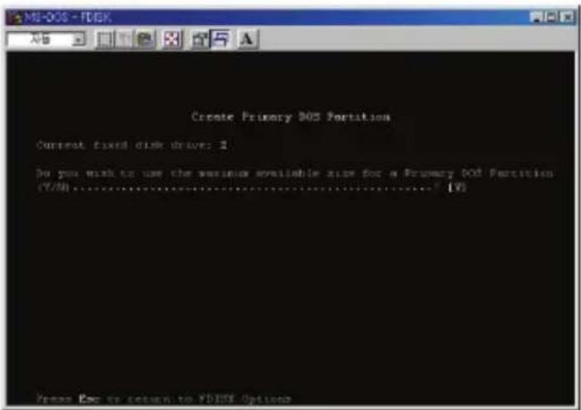 Create Primary DOS Partition Current fixed disk drive: 2 Do you wish to use the serverless available size for a Primary DOS Partition (Y/8)....../ [V] Please Esw or return to YDEFE Options