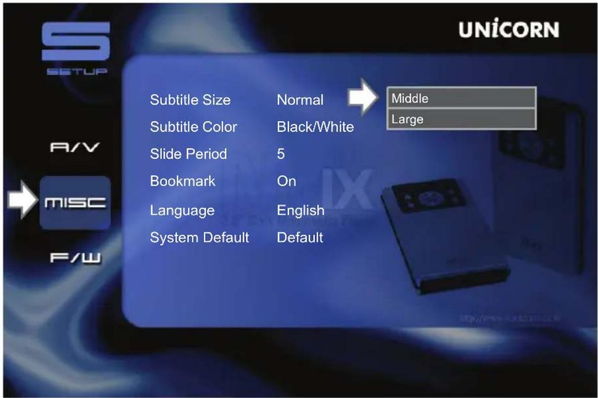 UNICORN Subtitle Size Normal Middle Subtitle Color Black/White Large Slide Period 5 Bookmark On Language English System Default Default