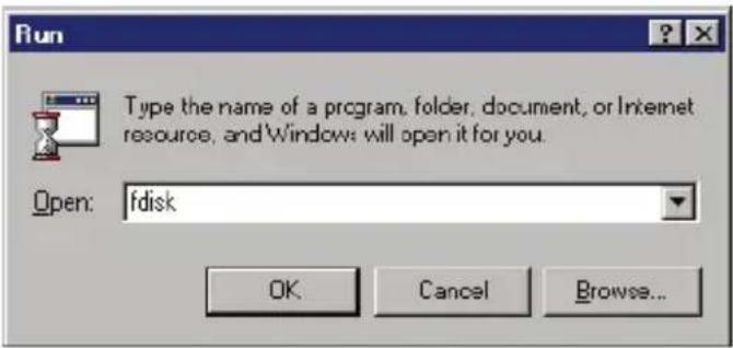 Run Type the name of a program, folder, document, or Internet resource, and Windows will open it for you. Open: fdisk OK Cancel Browse...