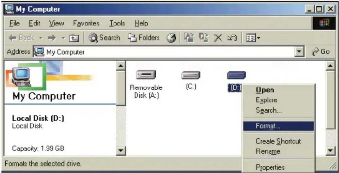My Computer File Edit View Favorites Tools Help Back Search Folders Address My Computer Go My Computer Local Disk (D:) Local Disk Capacity: 1.99 GB Formats the selected drive. Removable Disk (A:) (C:) Open Explore Search... Format... Create Shortcut Rename Properties