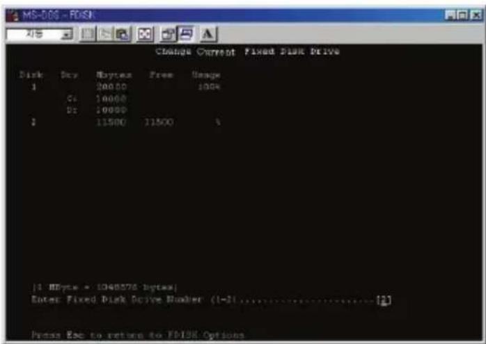MS-005 = FDISK Change Current Fixed Disk Drive Disk Day Bytes Free Usage 1 200.00 100% C: 10000 D: 10000 1 11500 11500 % [1] MByte = 1348576 bytes Enter Fixed Disk Drive Number (t=2) Press Esc to return to FDISK Options