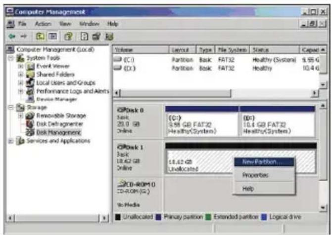 Computer Management File Action View Window Help Computer Management (Local) System Tools Event Viewer Shared Folders Local Users and Groups Performance Logs and Alerts Device Manager Storage Removable Storage Disk Defragmenter Disk Management Services and Applications Volume Layout Type File System Status Capac (C:) Partition Basic FAT32 Healthy (Systems) 9.55 G (D:) Partition Basic FAT32 Healthy 10.4 G CIP Disk 0 Stack: 20.0 GB Online (C:) 5.58 GB FAT32 Healthy (System) (D:) 10.4 GB FAT32 Healthy (System) CIP Disk 1 Stack: 10.62 GB Online 10.62 GB Unallocated New Partition... Properties: Help CD-ROM10 CD-ROM10 (G:) No Media Unallocated Primary partition Extended partition Logical drive